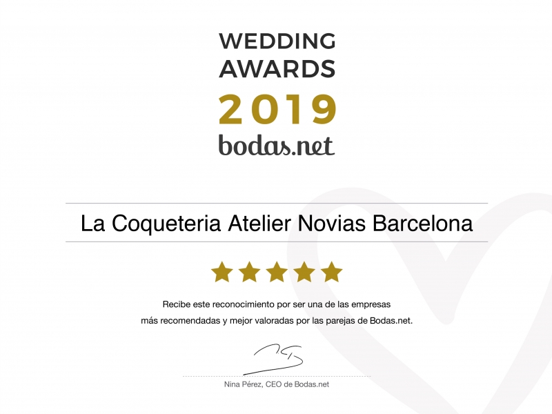  La Coqueteria Atelier Núvies Barcelona rep un Wedding Award 2019- bodas.net en la categoría Núvia i Complements, el premi més important del sector nupcial